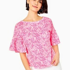 Lilly Pulitzer Ziva Pink Flouncy Short Sleeve Floral Flutter Top Shirt Sz S NEW